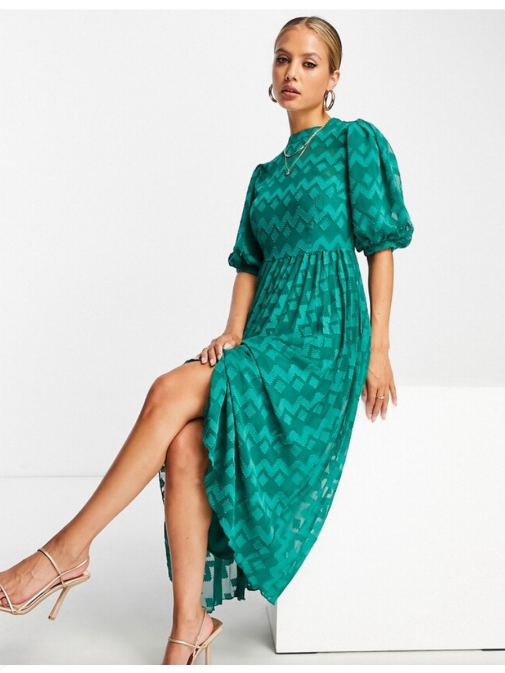 ASOS Teal Puff-Sleeve Midi Dress